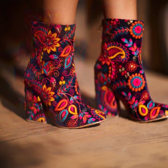 naughty monkey Shoes - Naughty Monkey Colorful Embroidered Floral Heeled Bootie